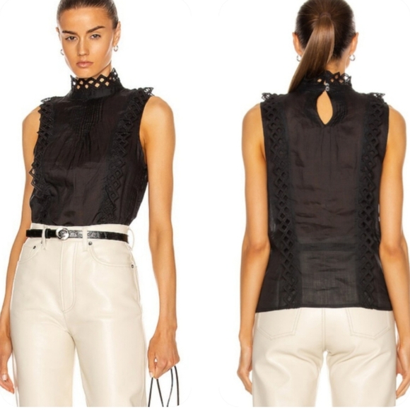 Frame Women's Black Embroidered High-Neck Sleeveless Blouse Small - NWT - Picture 1 of 15